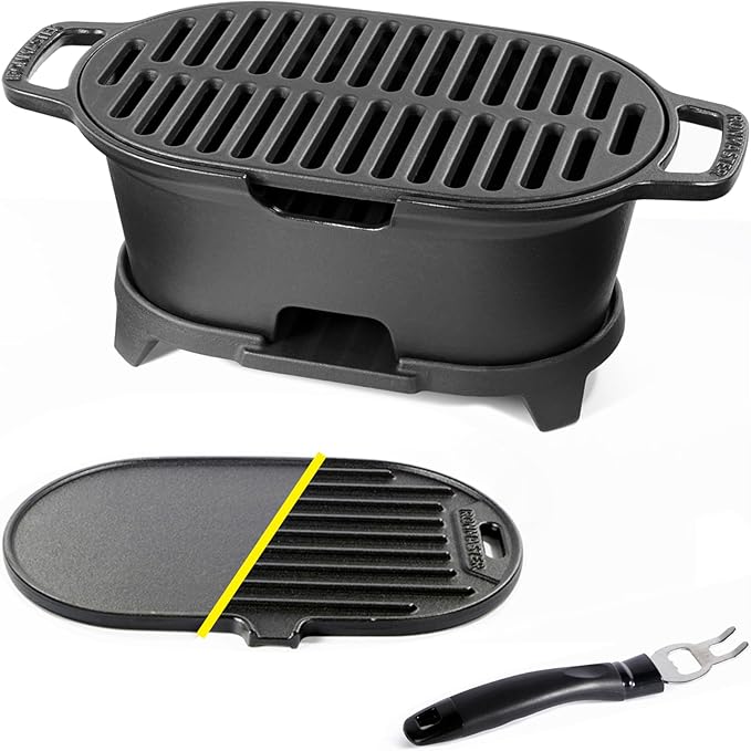 2-In-1 Hibachi Grill, 100% Cast Iron, Tabletop Small Portable Charcoal Grill for Outdoor Camping