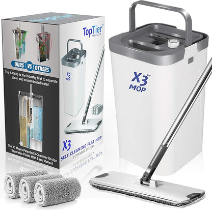 X3 Mop, Separates Dirty and Clean Water, 3-Chamber Design, Flat Mop and Bucket Set, Hands Free Home Floor Cleaning