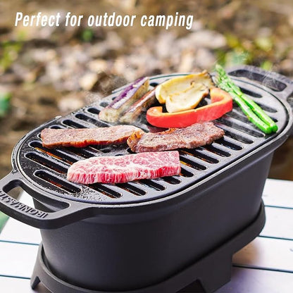 2-In-1 Hibachi Grill, 100% Cast Iron, Tabletop Small Portable Charcoal Grill for Outdoor Camping