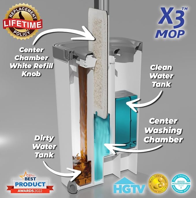 X3 Mop, Separates Dirty and Clean Water, 3-Chamber Design, Flat Mop and Bucket Set, Hands Free Home Floor Cleaning