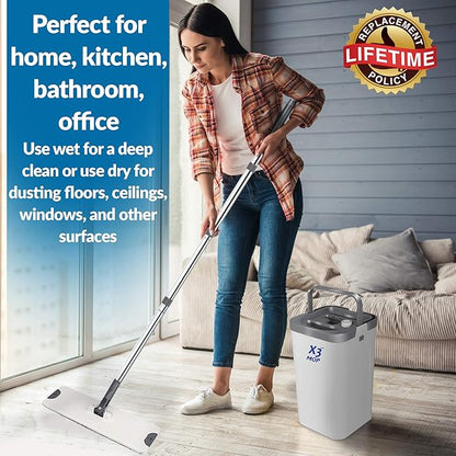 X3 Mop, Separates Dirty and Clean Water, 3-Chamber Design, Flat Mop and Bucket Set, Hands Free Home Floor Cleaning