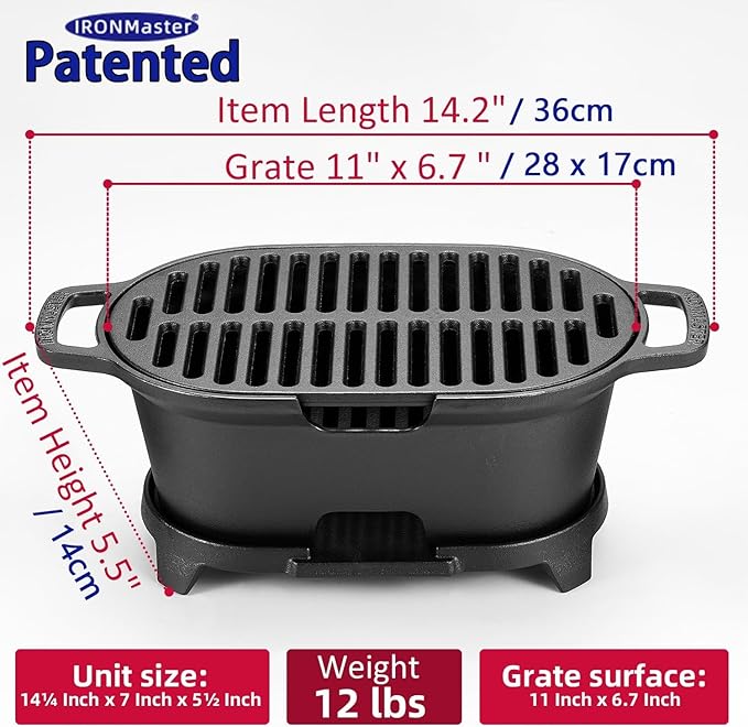 2-In-1 Hibachi Grill, 100% Cast Iron, Tabletop Small Portable Charcoal Grill for Outdoor Camping