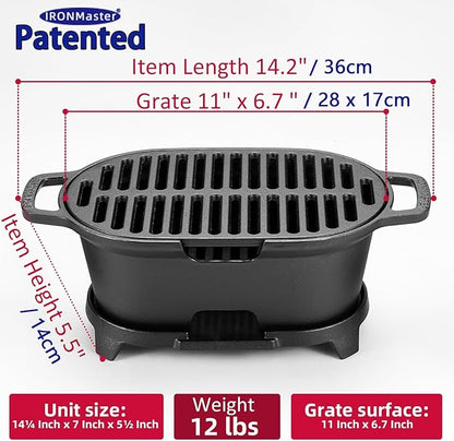 2-In-1 Hibachi Grill, 100% Cast Iron, Tabletop Small Portable Charcoal Grill for Outdoor Camping